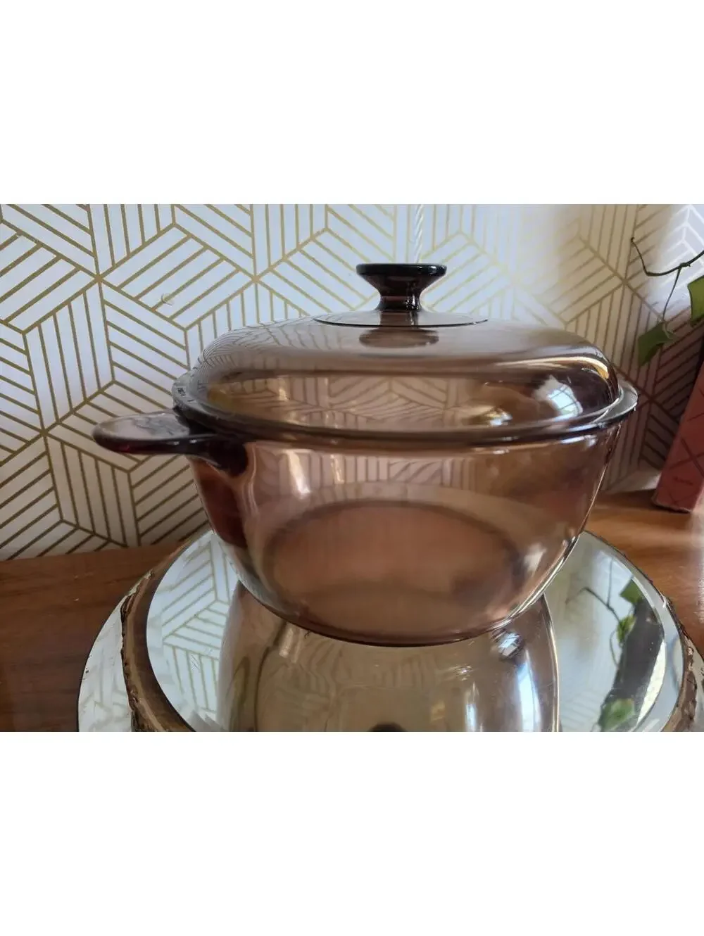 Vintage Vision Ware Brown/Amber Glass Dutch Oven 4.5L Stockpot W/ Lid